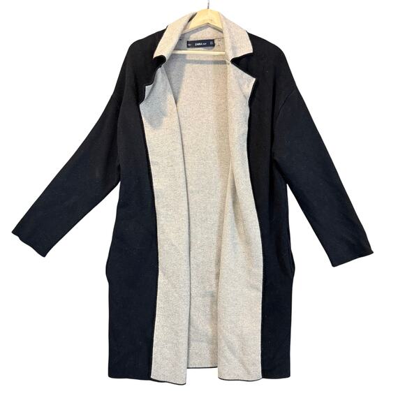 Zara Double Sided Cardi Coat Thick Longline Cardigan Sweater Black M Duster - Picture 2 of 10